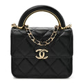 Lambskin Metal Quilted Top Handle Flap Clutch With Chain Black