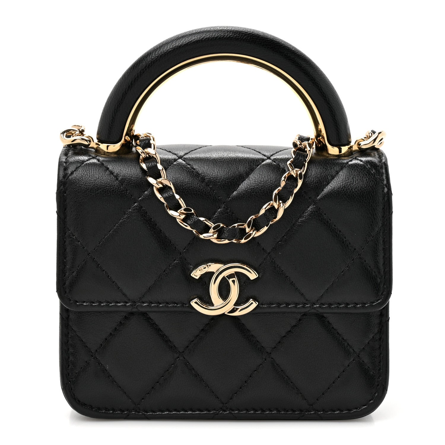 Lambskin Metal Quilted Top Handle Flap Clutch With Chain Black