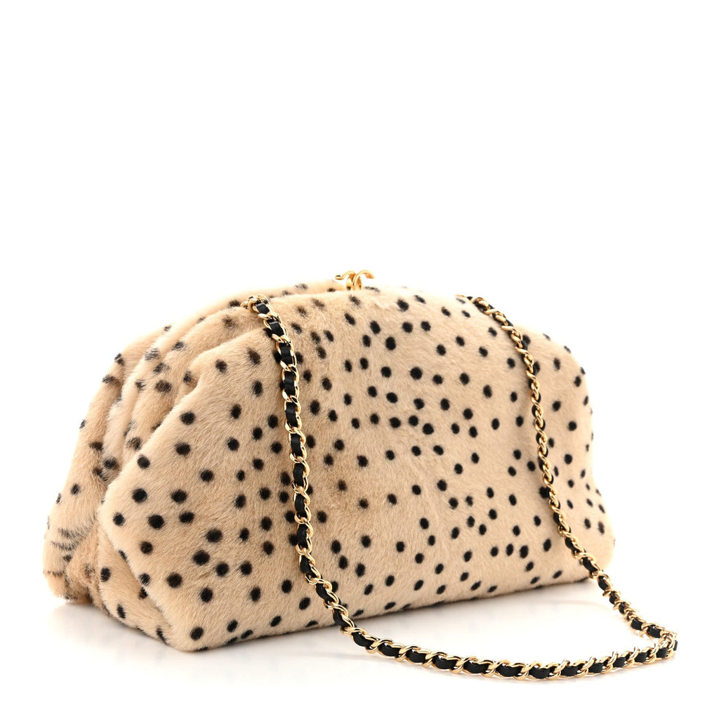 Pony Hair Cheetah Printed Lambskin Clutch With Chain Beige Black