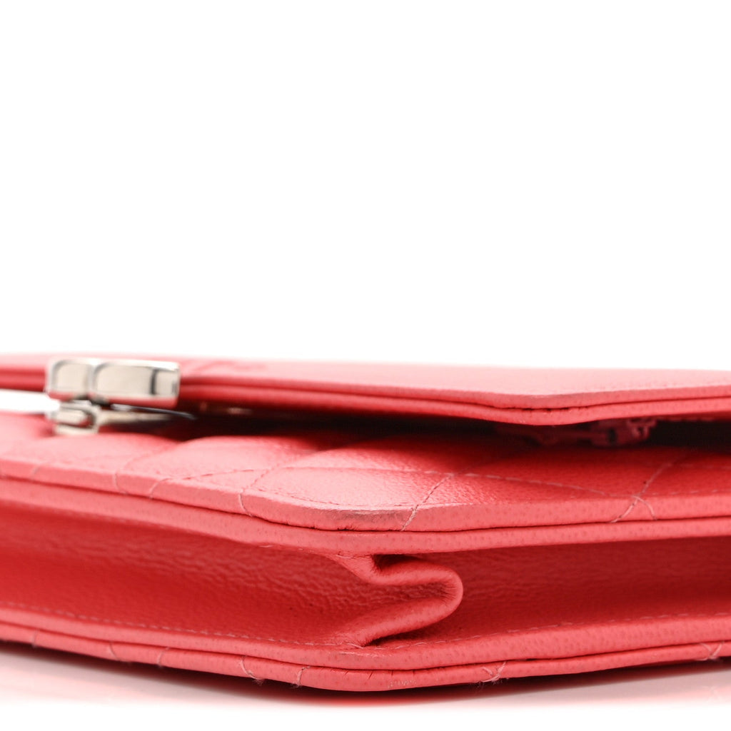Grained Calfskin Quilted CC Box Wallet On Chain WOC Pink Pink