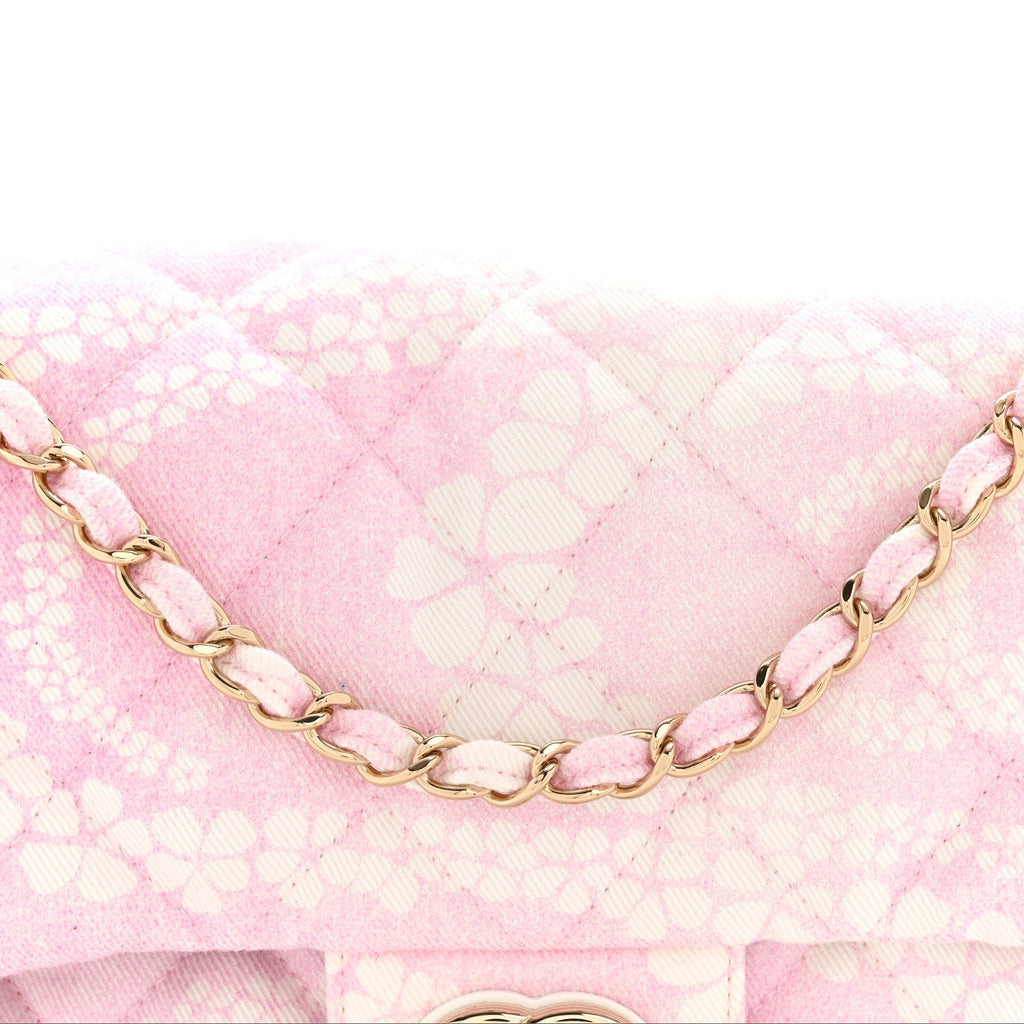 Printed Denim Quilted Medium Single Flap Bag Pink White Pink White