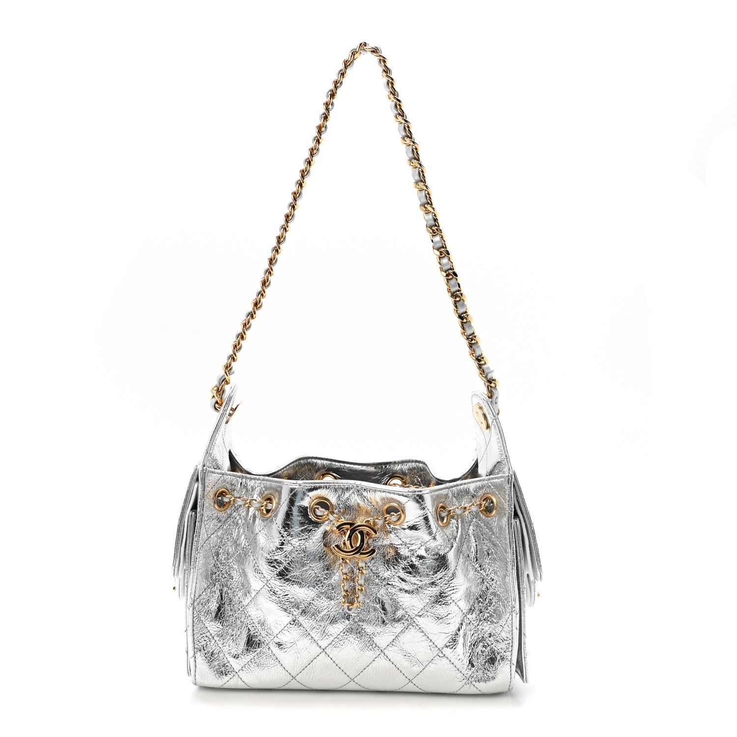 Metallic Aged Calfskin Quilted Mini Chanel 25 Handbag Silver