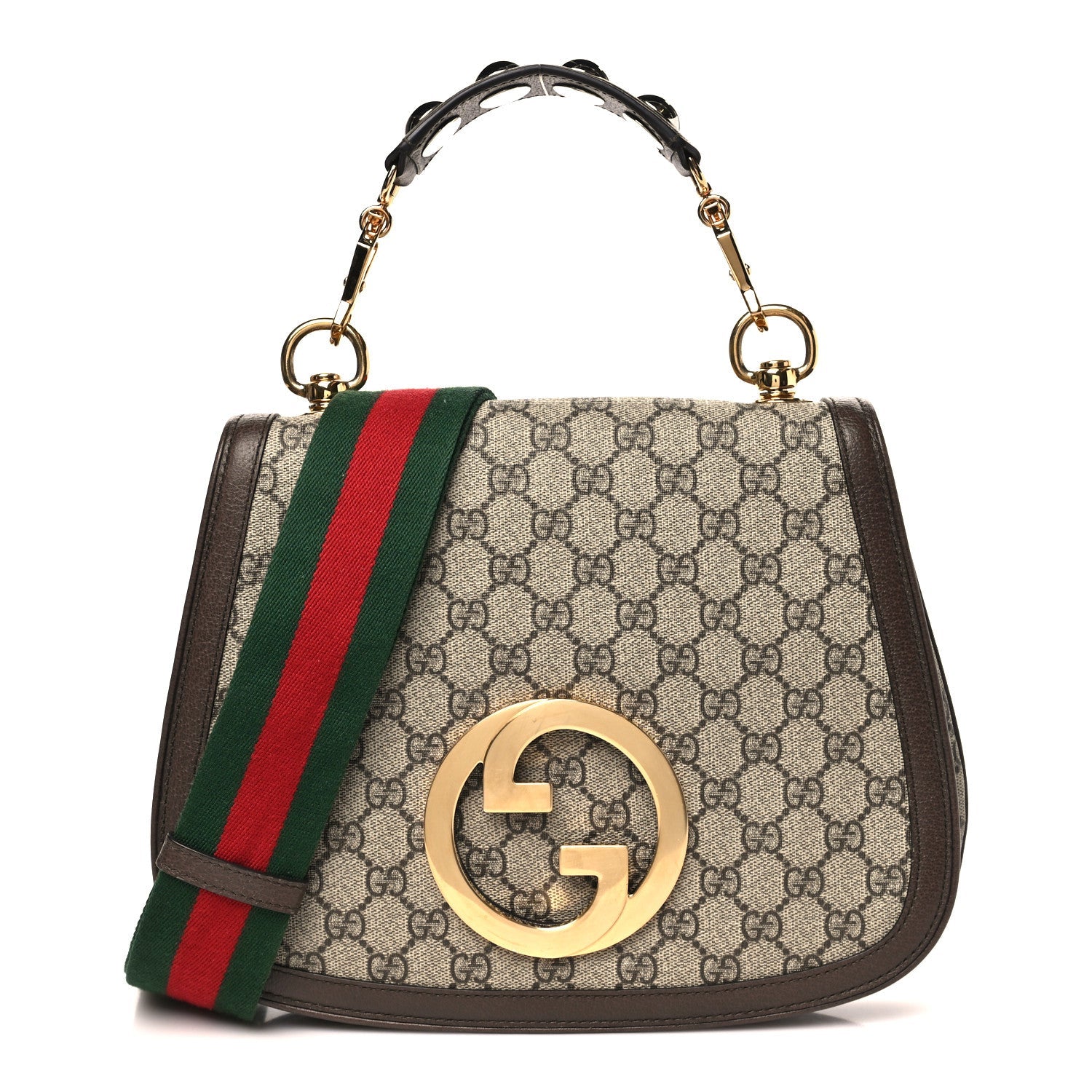 GG Supreme Monogram Textured Dollar Calfskin Web Medium Blondie Top Handle Shoulder Flap Bag Beige Ebony New Acero