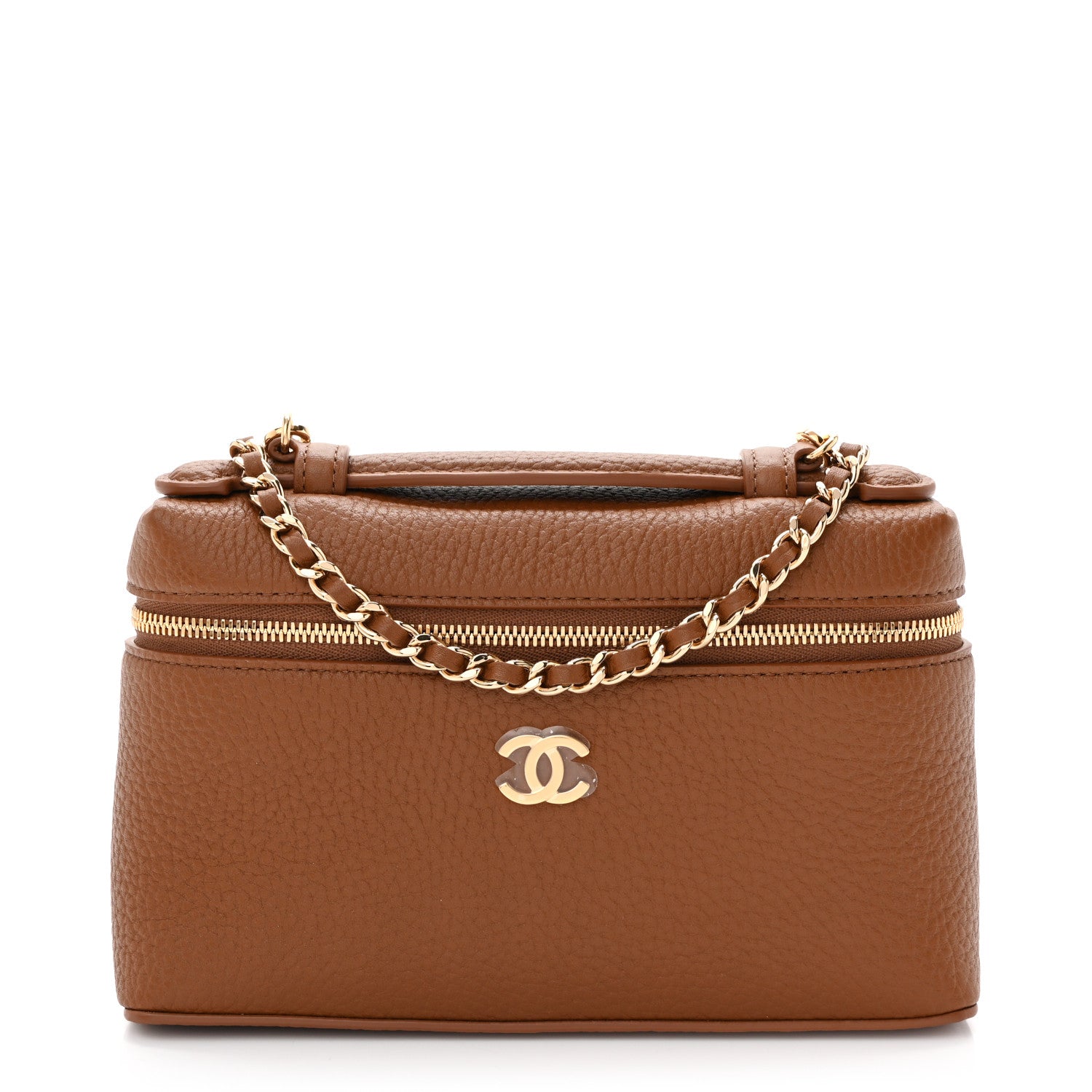 Grained Calfskin Top Handle Slim Vanity Case With Chain Camel