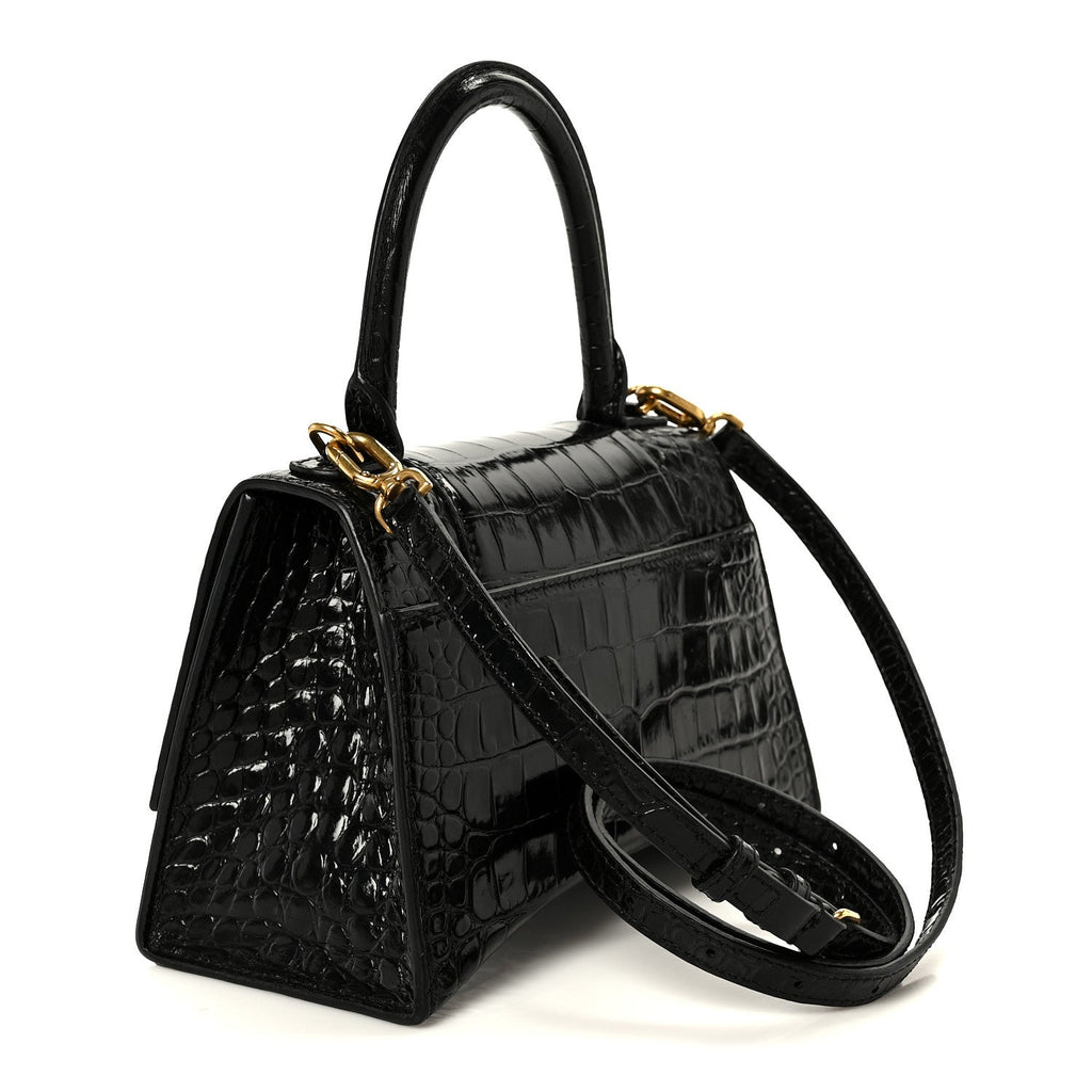 Shiny Calfskin Crocodile Embossed Small Hourglass Top Handle Bag Black