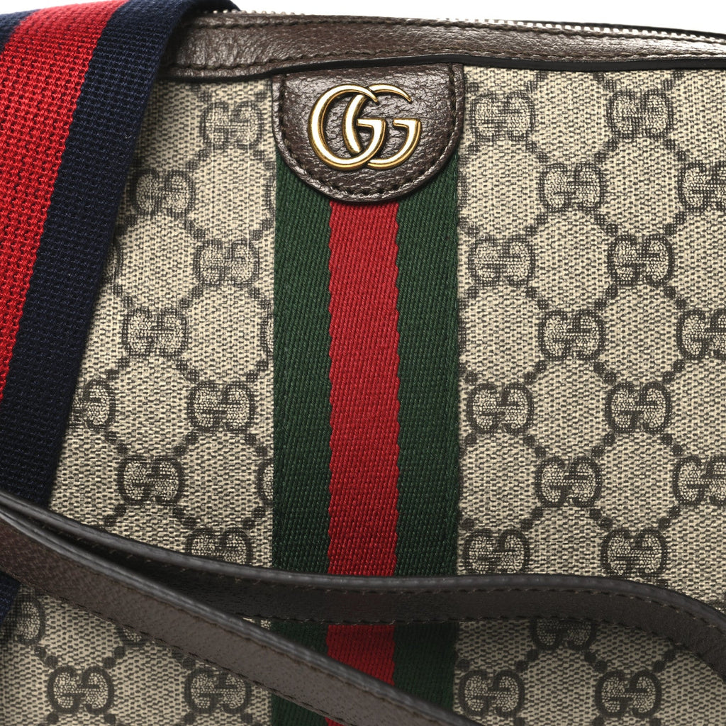 GG Supreme Monogram Textured Dollar Calfskin Web Ophidia Wristlet Shoulder Bag Beige Ebony New Acero