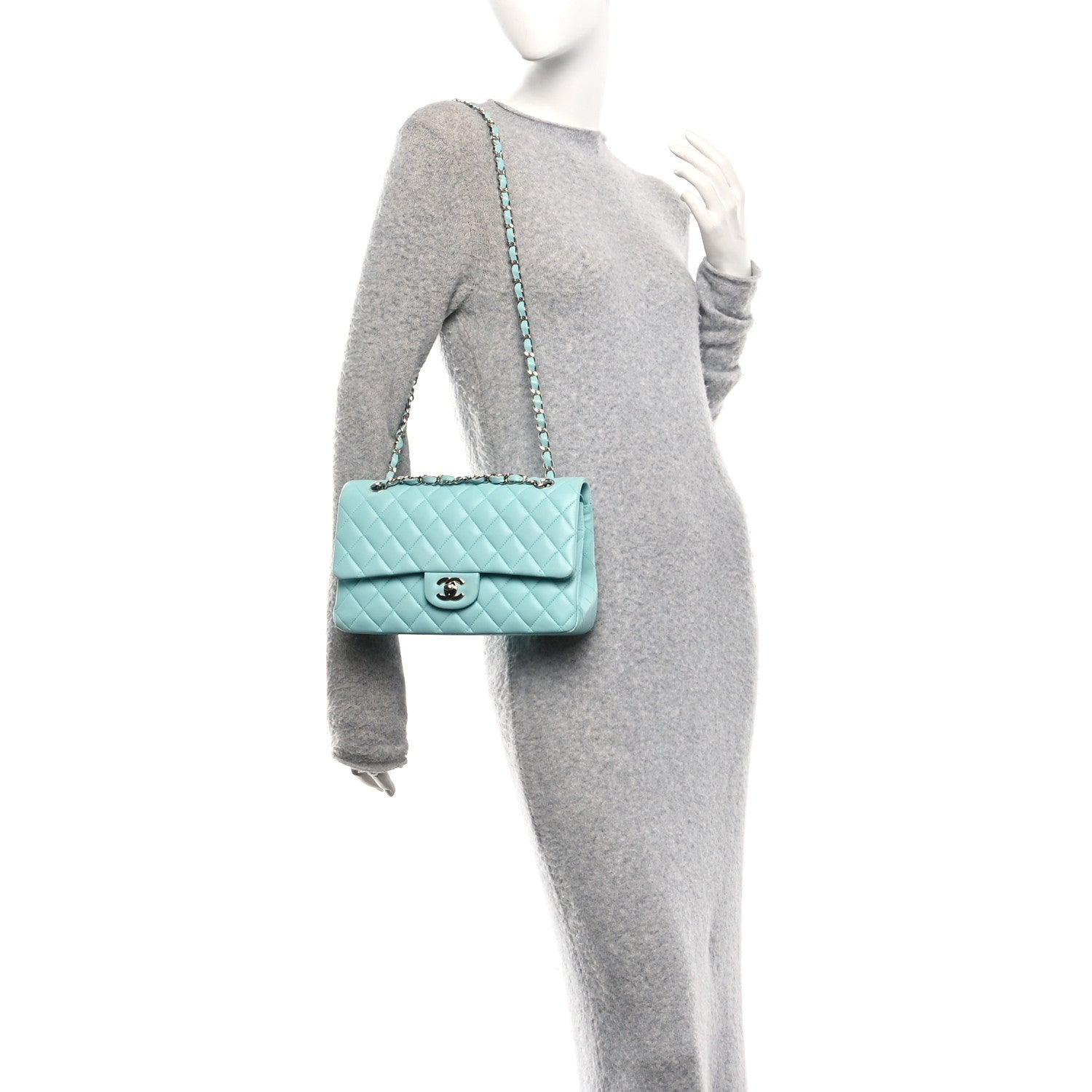 Lambskin Quilted Medium Double Flap Light Blue
