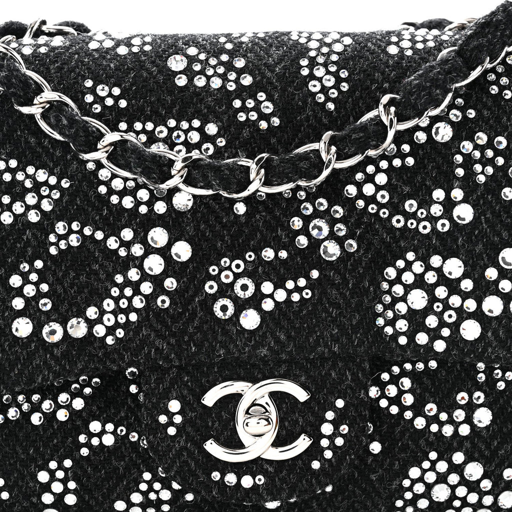 Tweed Swarovski Crystal Leopard Jumbo Flap  Black