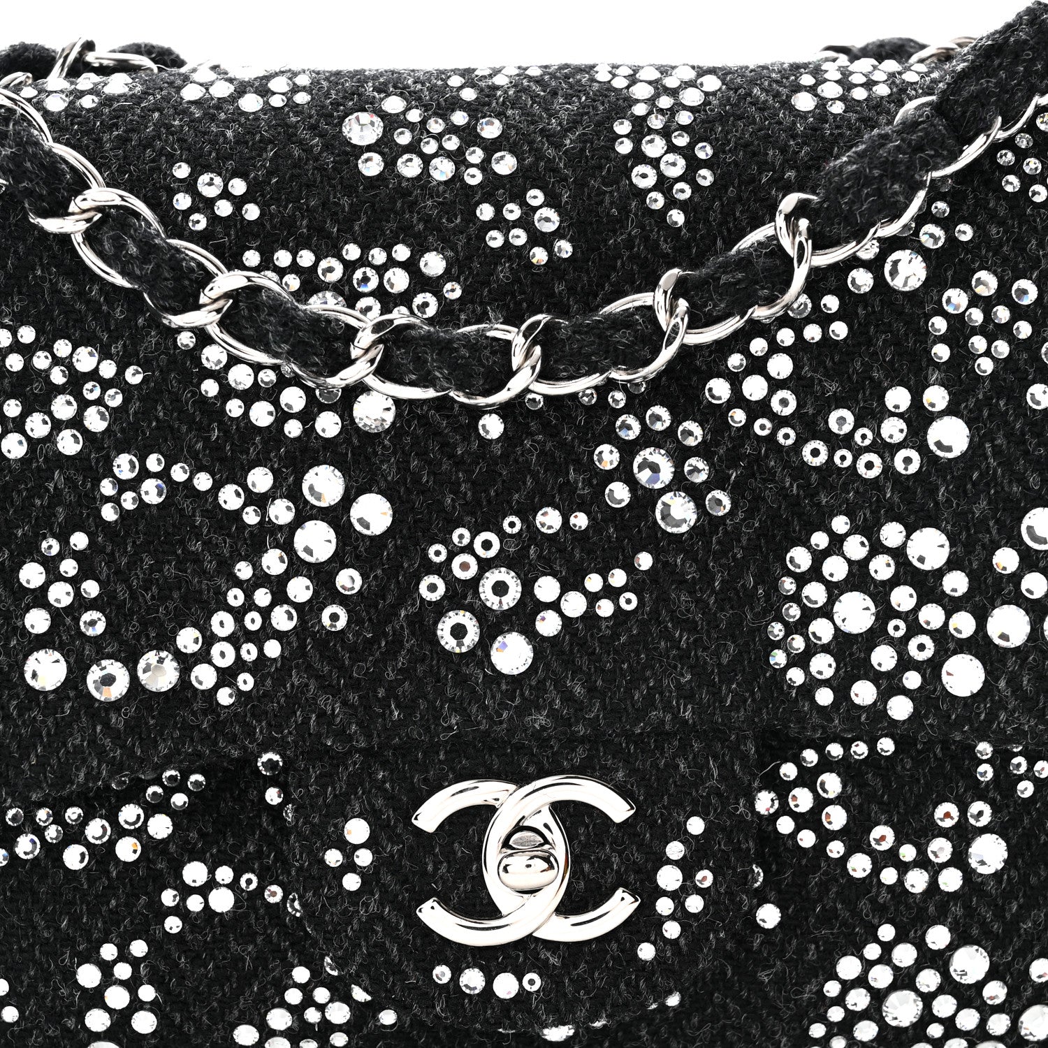 Tweed Swarovski Crystal Leopard Jumbo Flap  Black