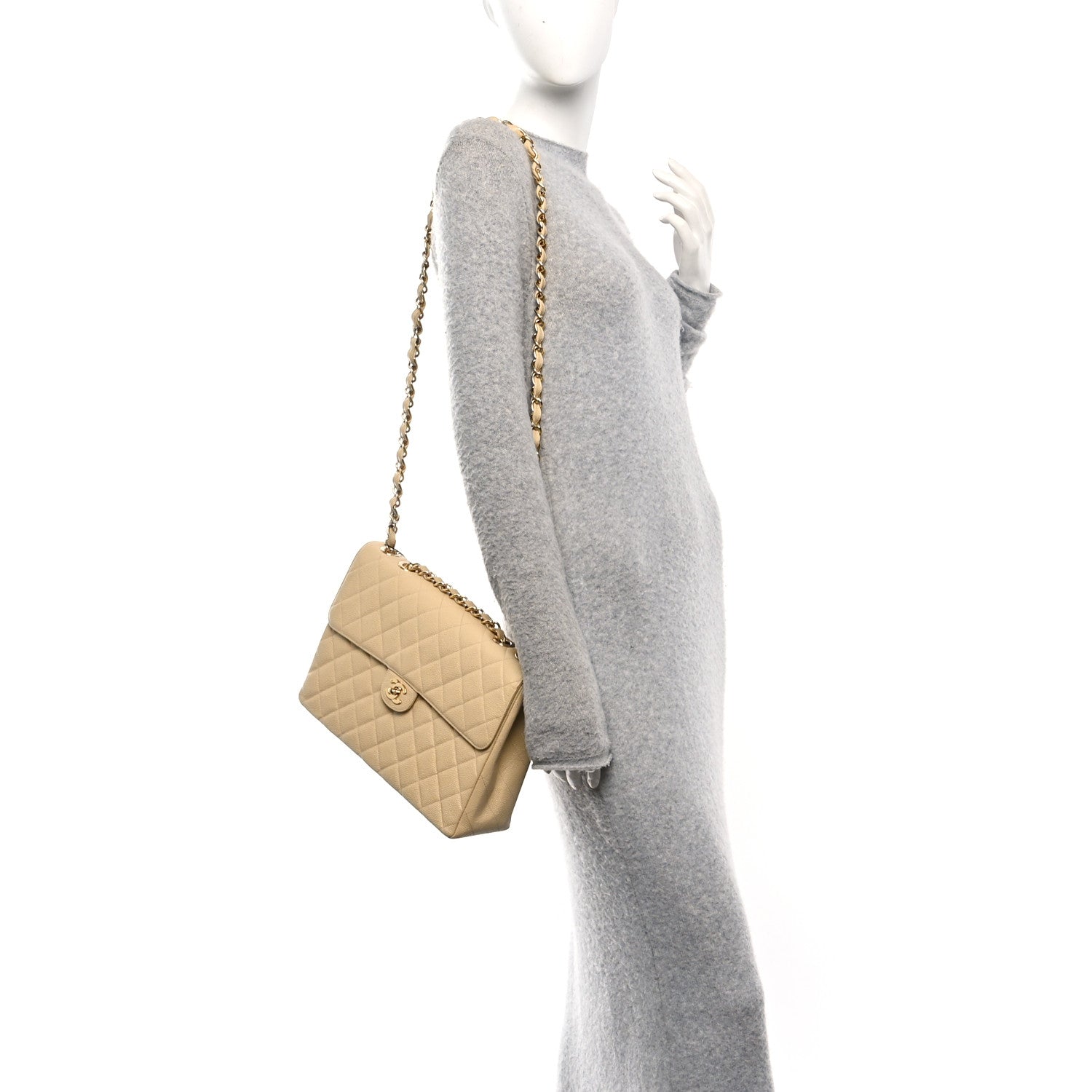 Caviar Quilted Jumbo Single Flap Beige