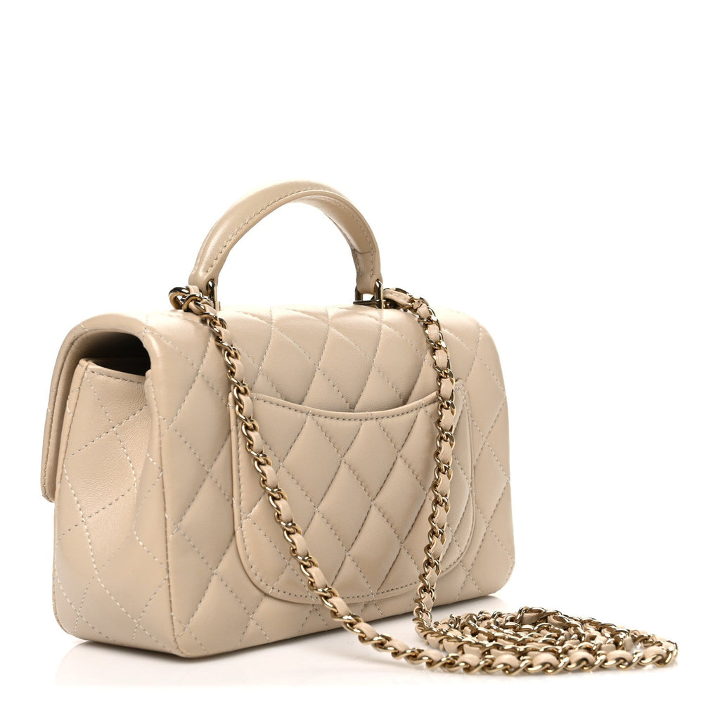 Lambskin Quilted Mini Top Handle Rectangular Flap Beige