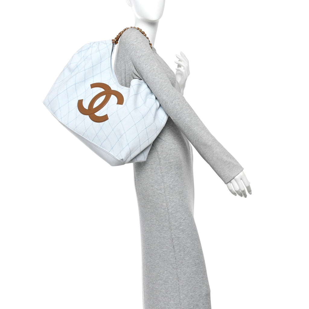 Denim Calfskin Quilted Coco Beach Small Shopping Tote Light Blue Brown