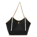 Calfskin Raffia Braided Small Shopping Tote Black White