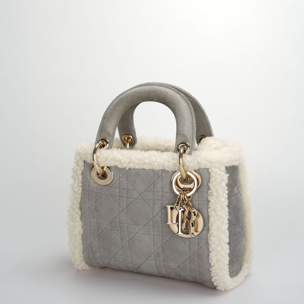Christian Dior Lady Dior   2020 Mini Suede Shearling Cannage Lady Dior satchel