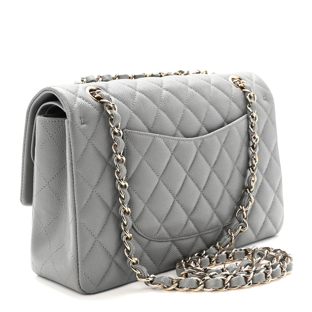 Caviar Quilted Medium Double Flap Grey