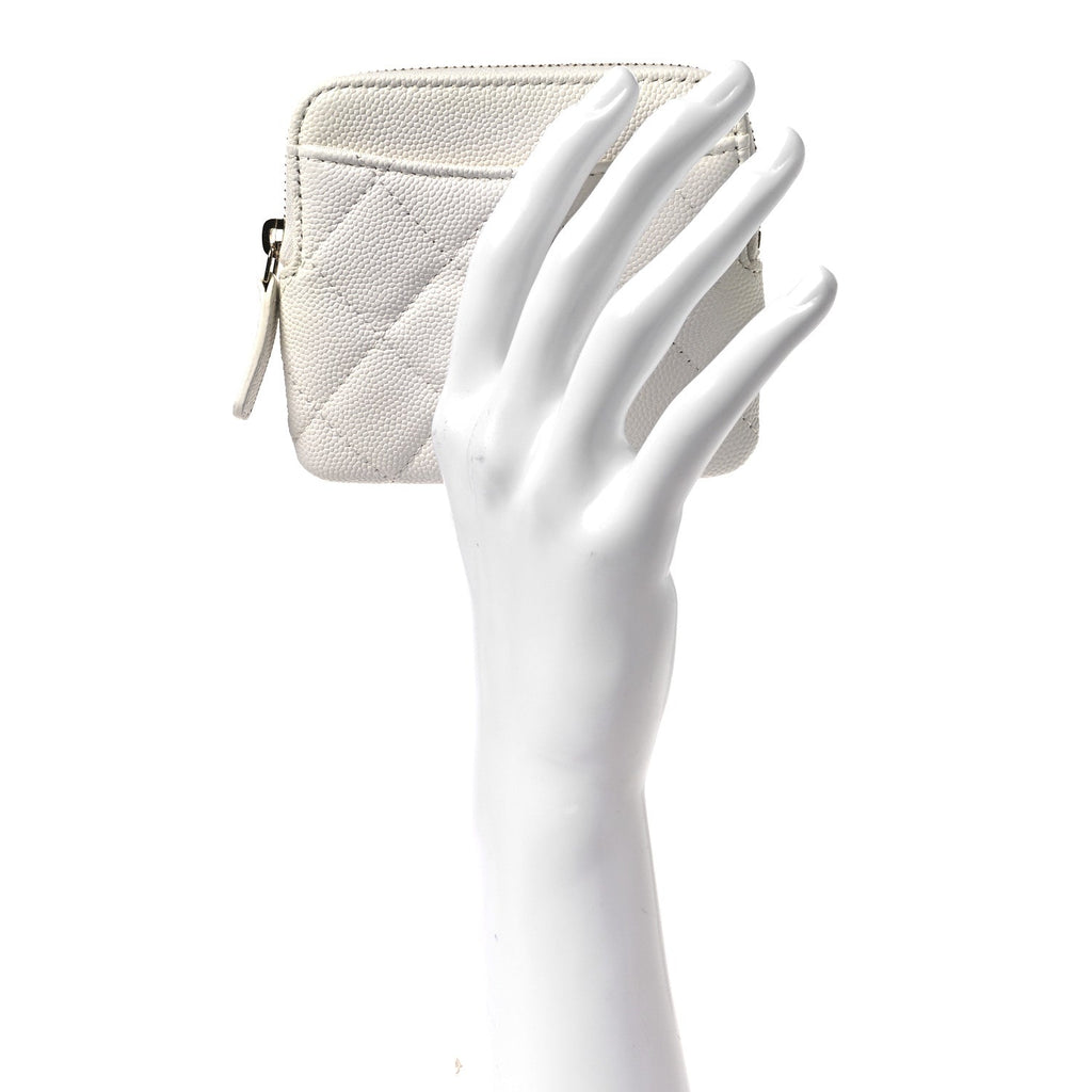 Caviar Quilted Zip Card Holder Wallet White