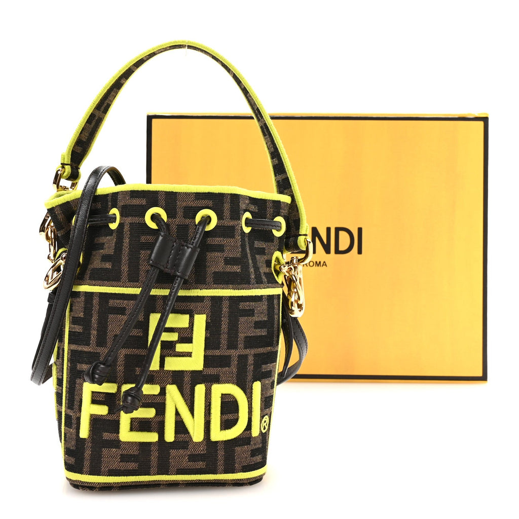 Fabric Jacquard Shiny Nappa FF 1974 Logo Threaded Edge Mini Mon Tresor Bucket Bag Tobacco Moro Giallo Fluo