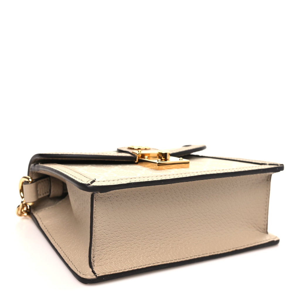 GG Supreme Monogram Textured Dollar Calfskin Web Mini Ophidia Padlock Top Handle Chain Shoulder Bag Beige Mystic White Oatmeal