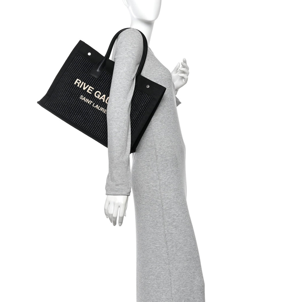 Raffia Linen Calfskin Small Rive Gauche Tote Black