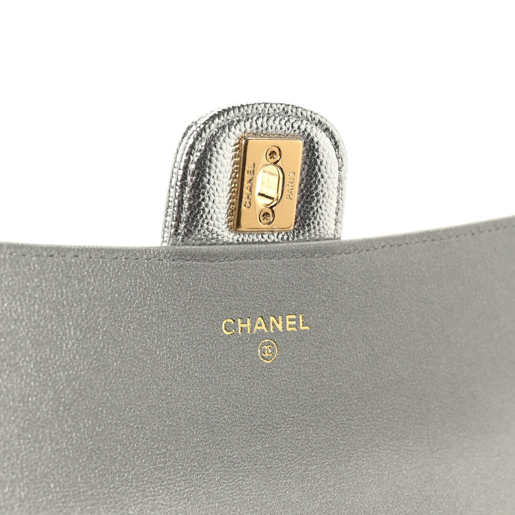 Metallic Caviar Quilted Top Handle Long Clutch With Chain Silver
