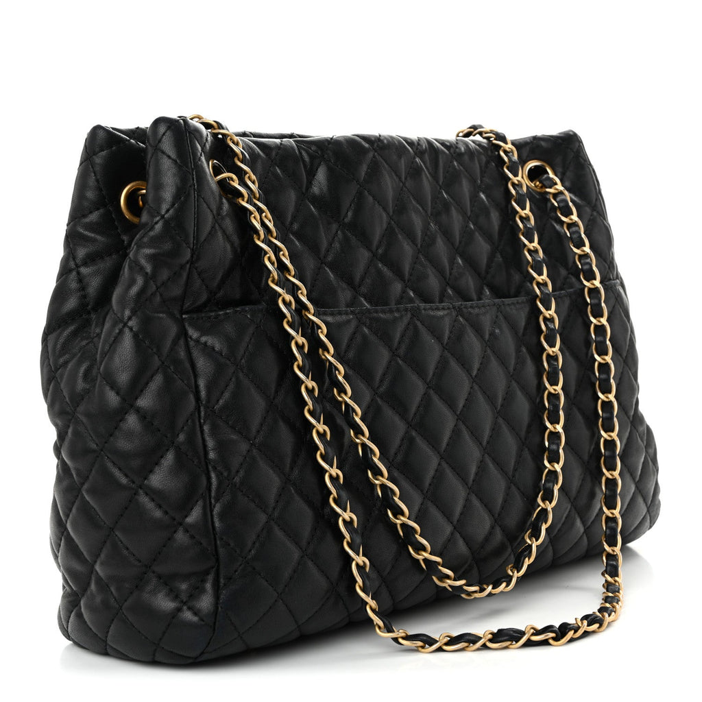 Lambskin Quilted Large Fluffy CC Shopping Tote Black