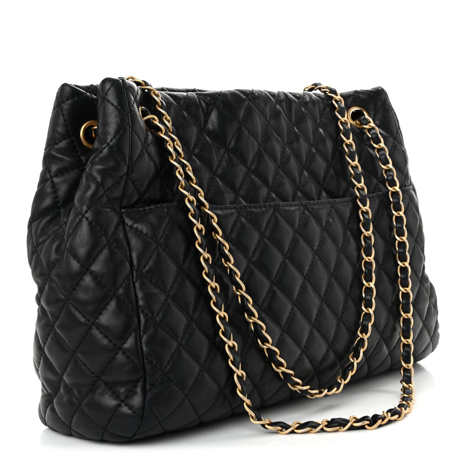 Lambskin Quilted Large Fluffy CC Shopping Tote Black