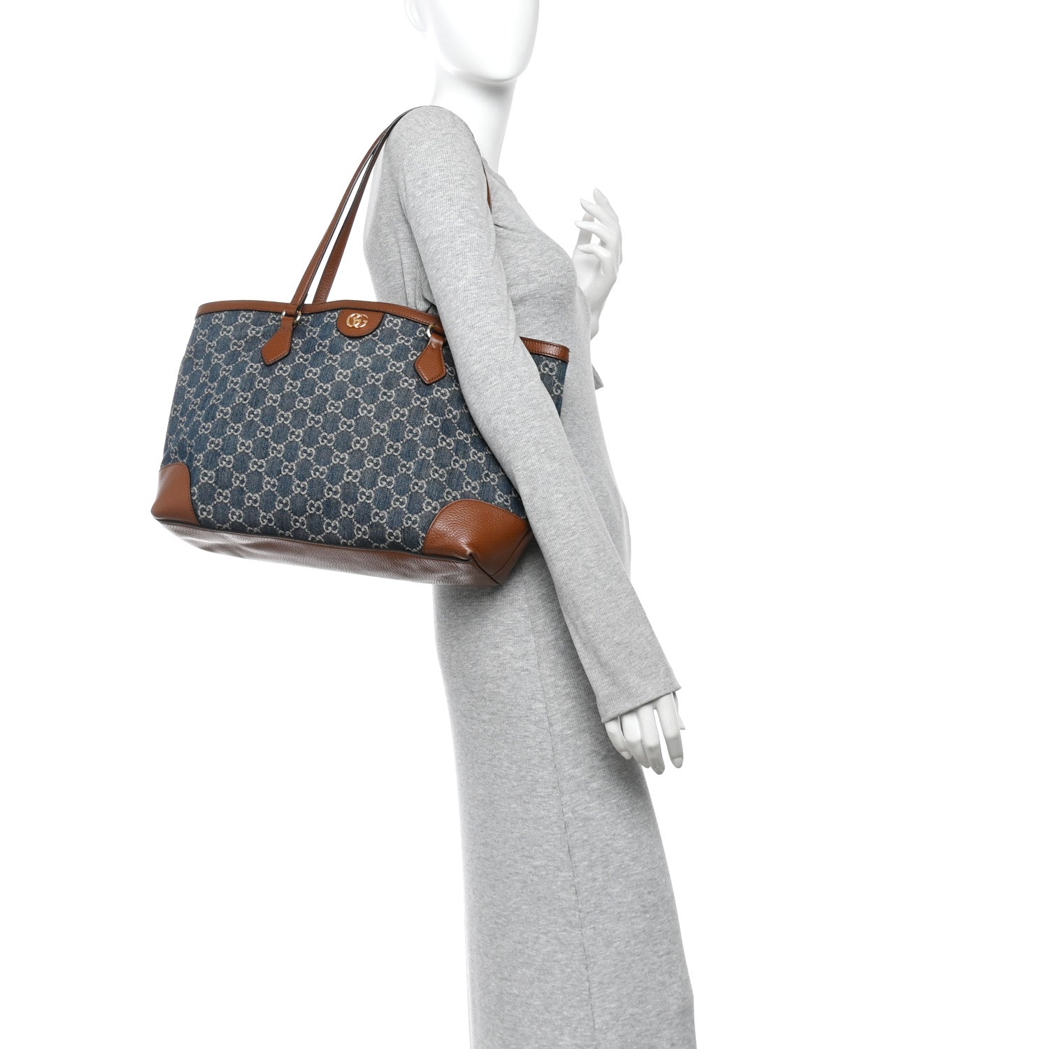 New Denim GG Monogram Medium Ophidia Shopping Tote Blue Tea Cuir
