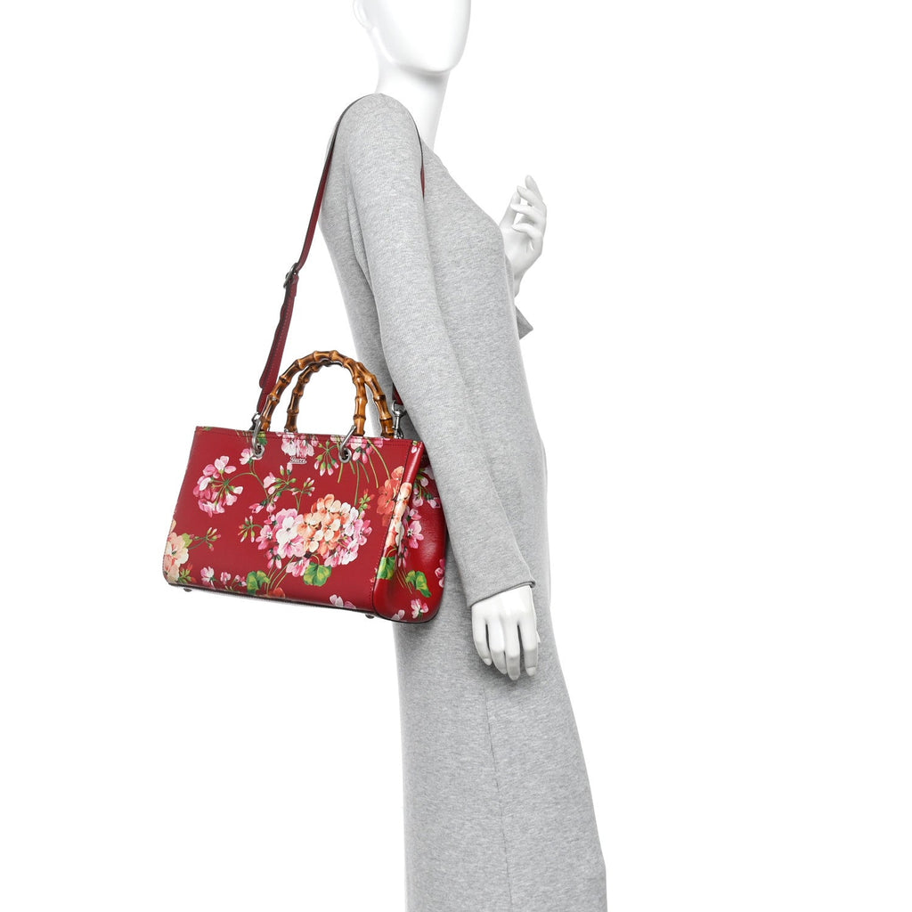 Shangai Calfskin Blooms Print Medium Bamboo Shopper Tote Red Multicolor