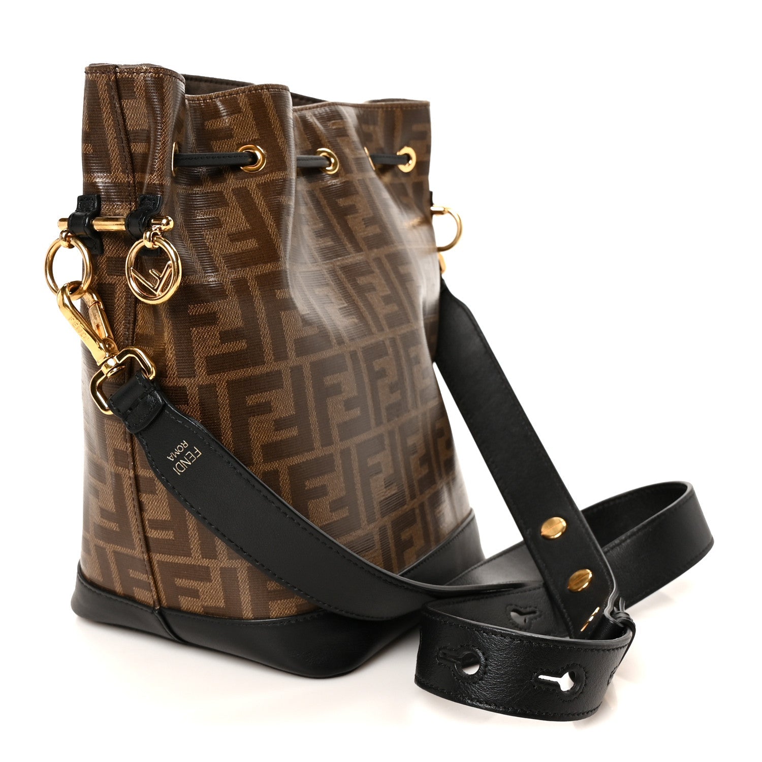 Glazed Fabric Vitello Grace F is Fendi FF 1974 Stamp Patch Grande Mon Tresor Bucket Bag Mogano Panna Black