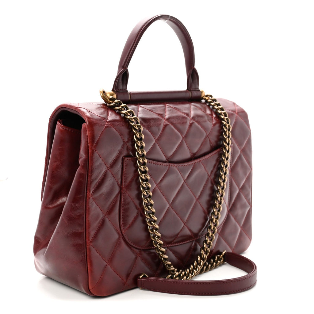 Glazed Calfskin Quilted Large Gold Bar Top Handle Flap Burgundy