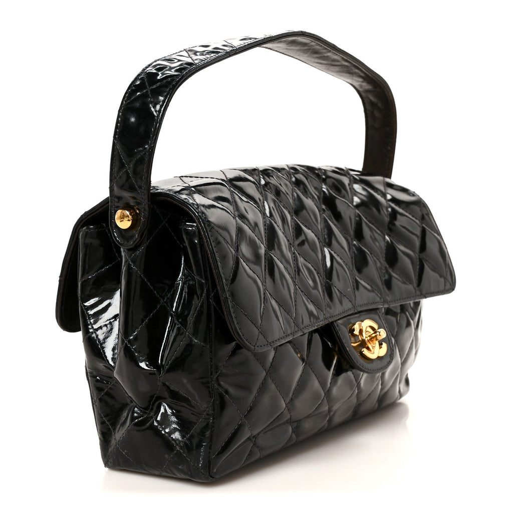 Patent Quilted Double Sided Shoulder Flap Bag Black