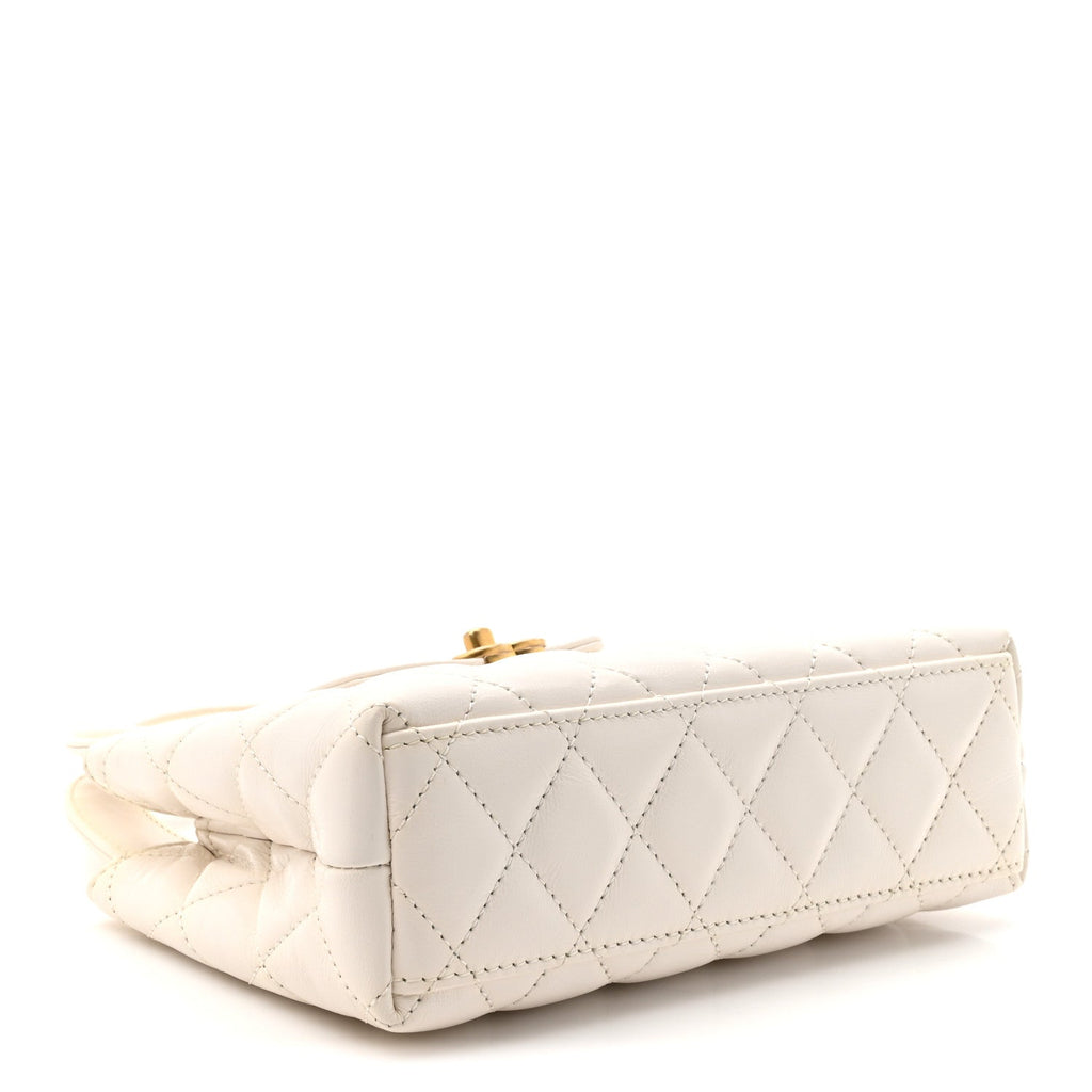 Shiny Aged Calfskin Quilted Nano Kelly Shopper White
