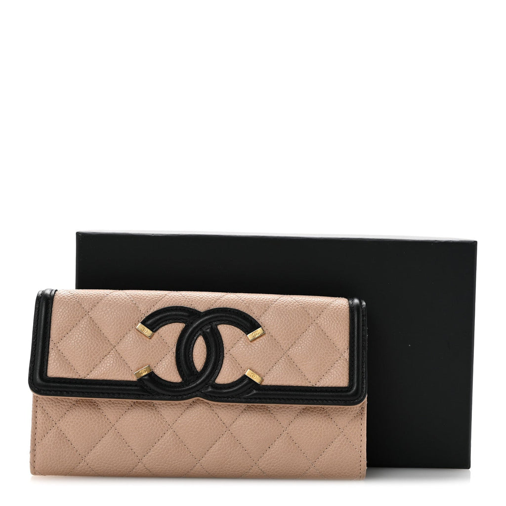 Caviar Quilted Filigree Large Gusset Flap Wallet Beige Black
