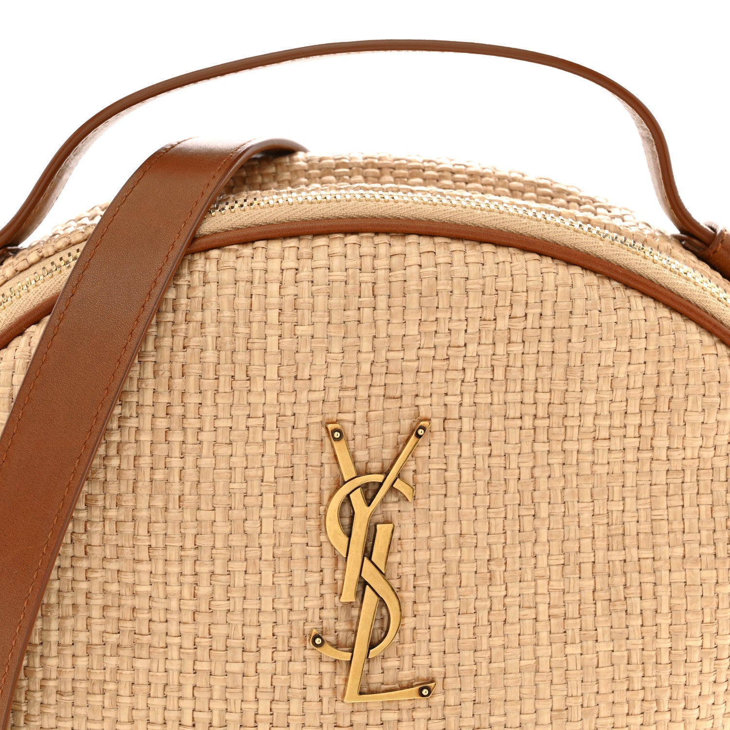 Raffia Calfskin Round Camera Bag Golden Ecru Brick