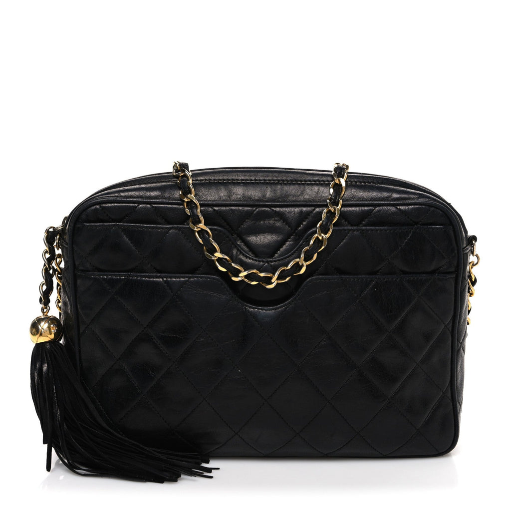 Lambskin Quilted CC Tassel Camera Case Black