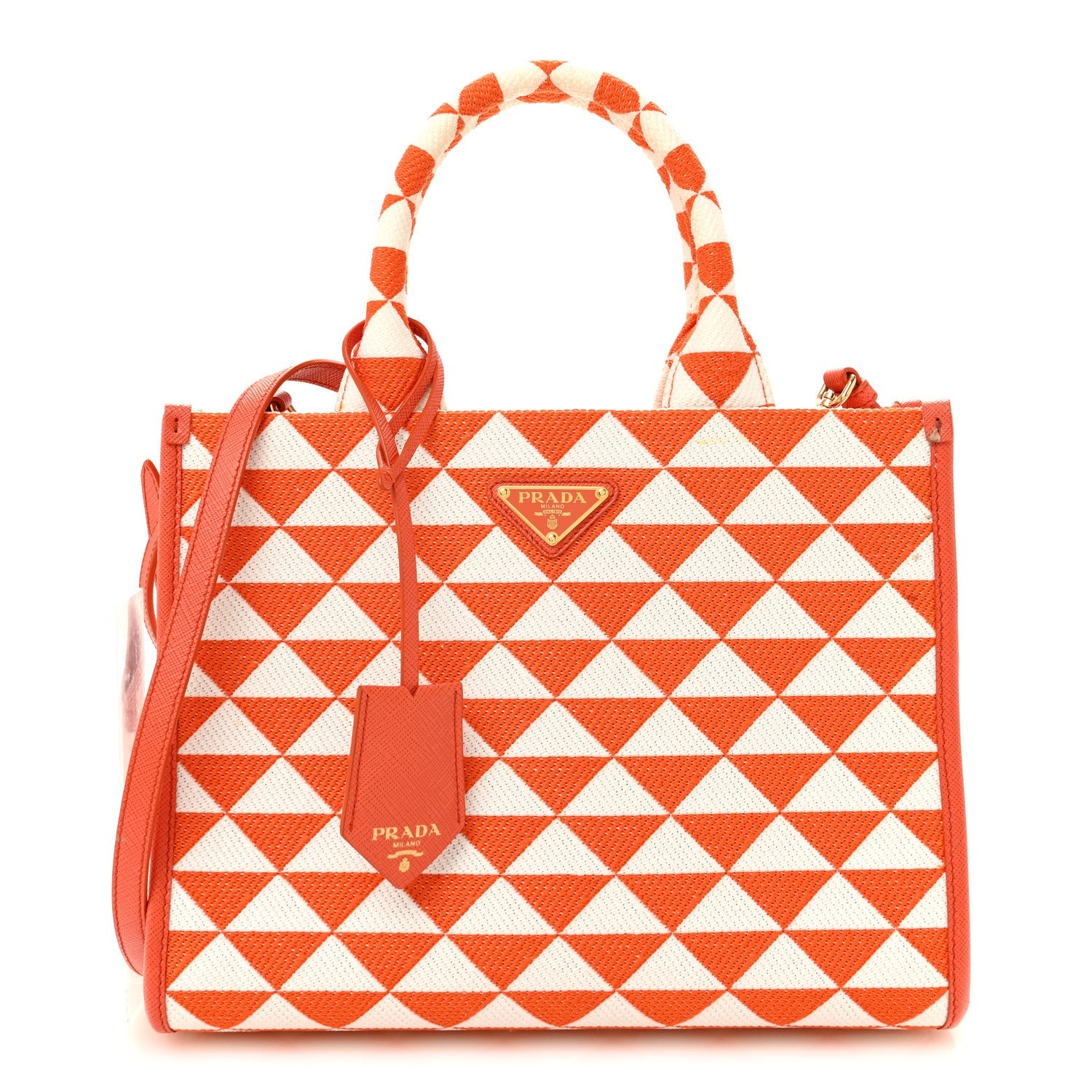 Jacquard Saffiano Triangolo Symbole Embroidered Small Tote Arancio White