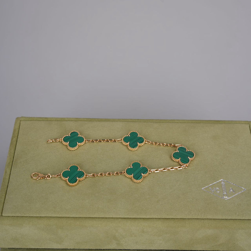 Van Cleef & Arpels 18k Yellow Gold Malachite 5 Motifs Vintage Alhambra Bracelet 2019