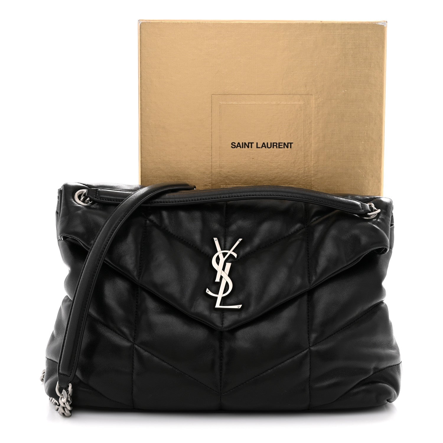 Lambskin Quilted Medium Loulou Puffer Monogram Chain Satchel Black
