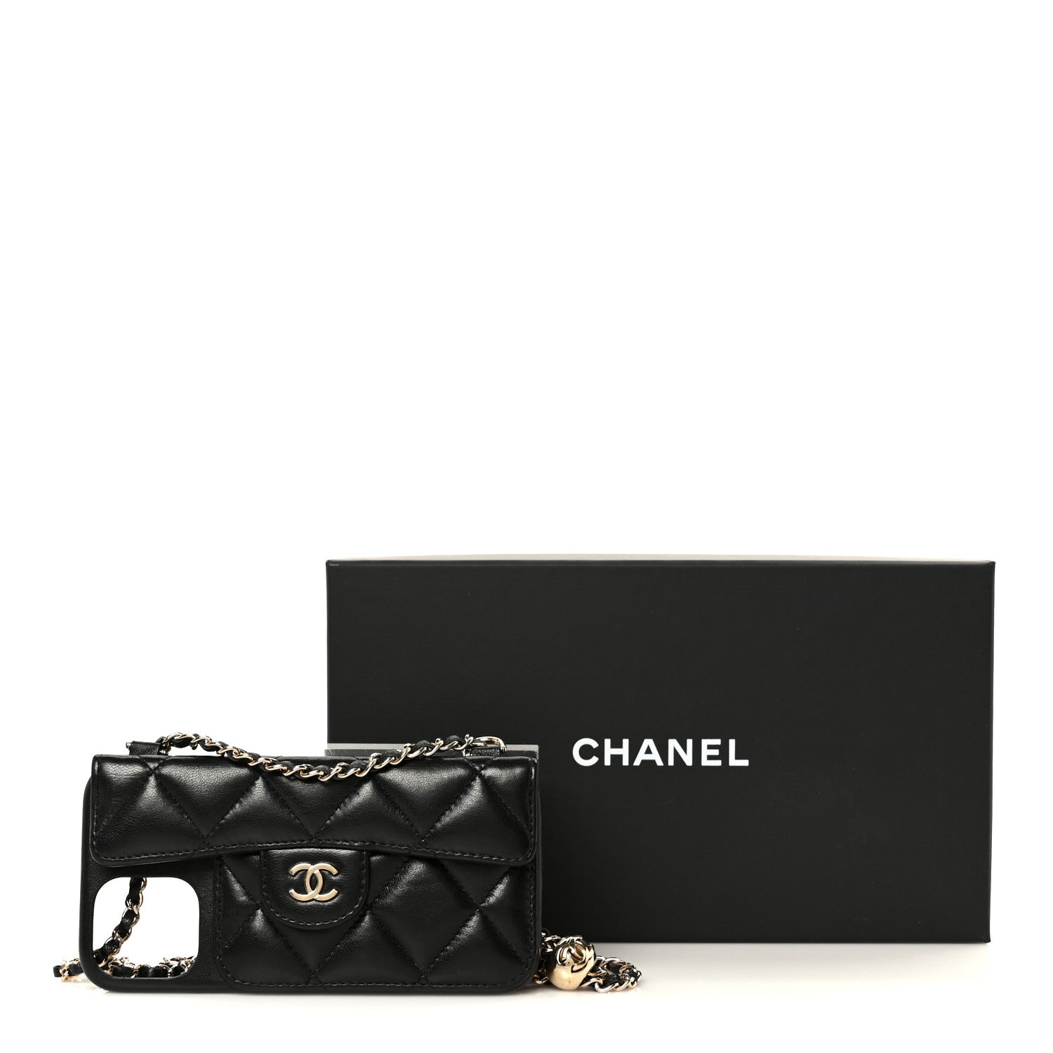 Lambskin Quilted Pearl Crush iPhone XII Pro Holder With Chain Black