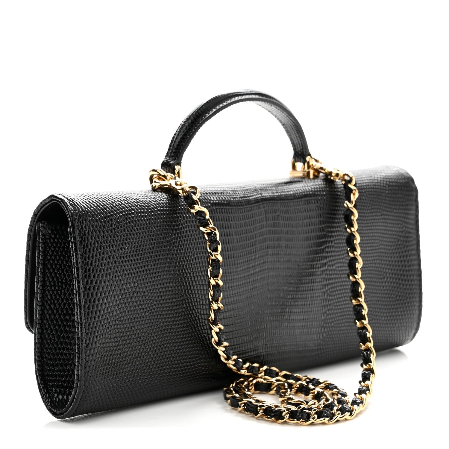 Calfskin Lizard Embossed Top Handle Clutch With Chain Black