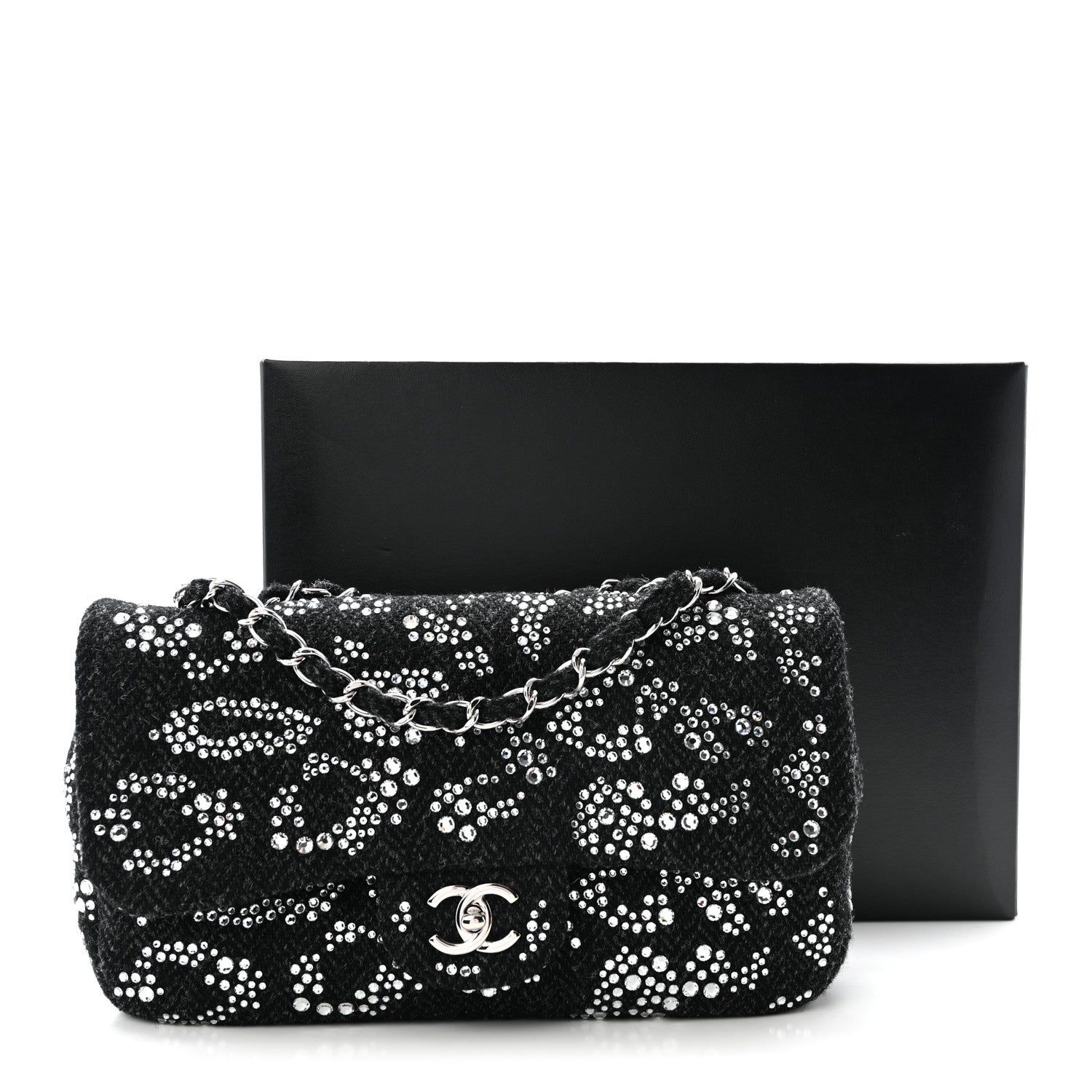 Tweed Swarovski Crystal Leopard Jumbo Flap  Black