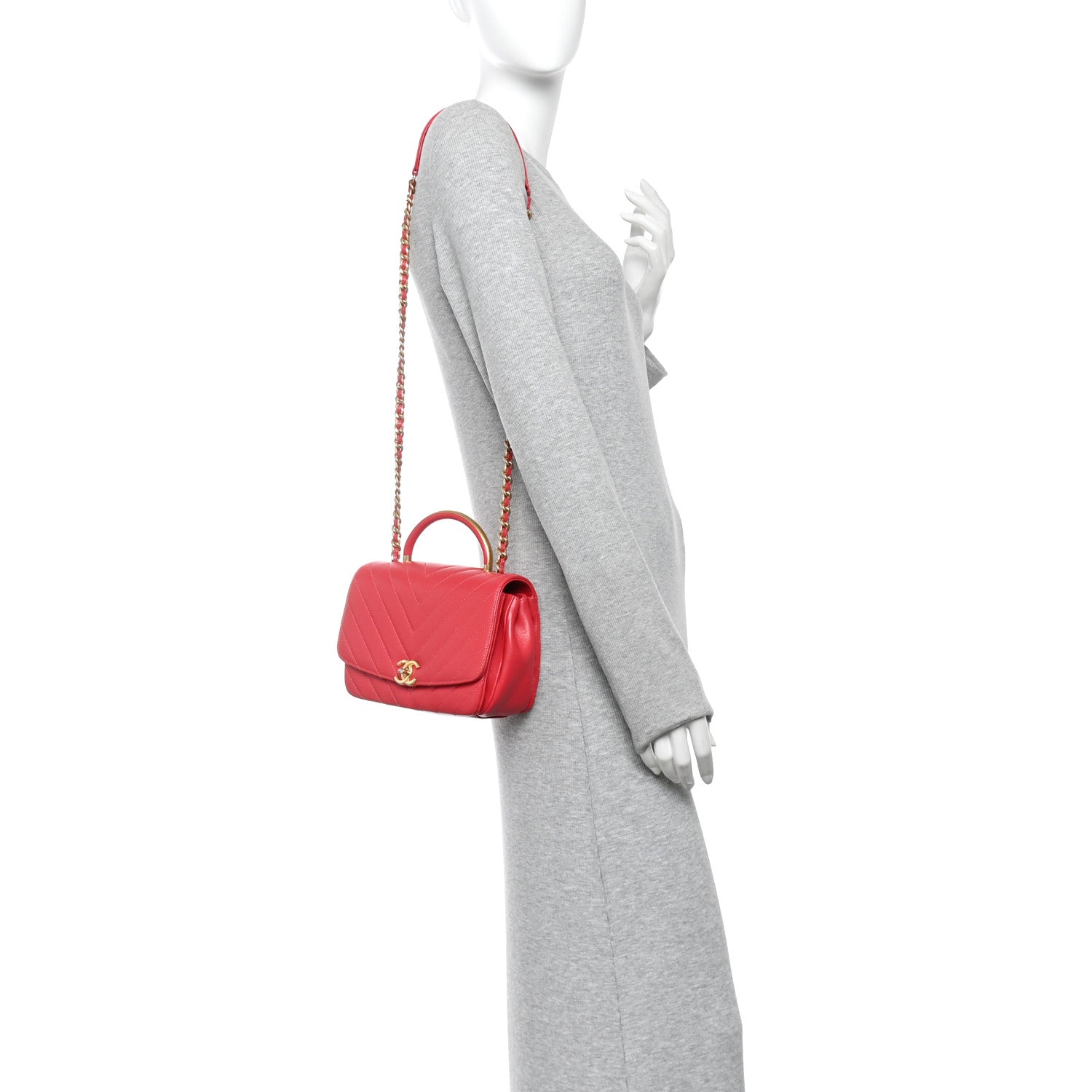 Lambskin Chevron Quilted Gold Top Handle Flap Bag Red