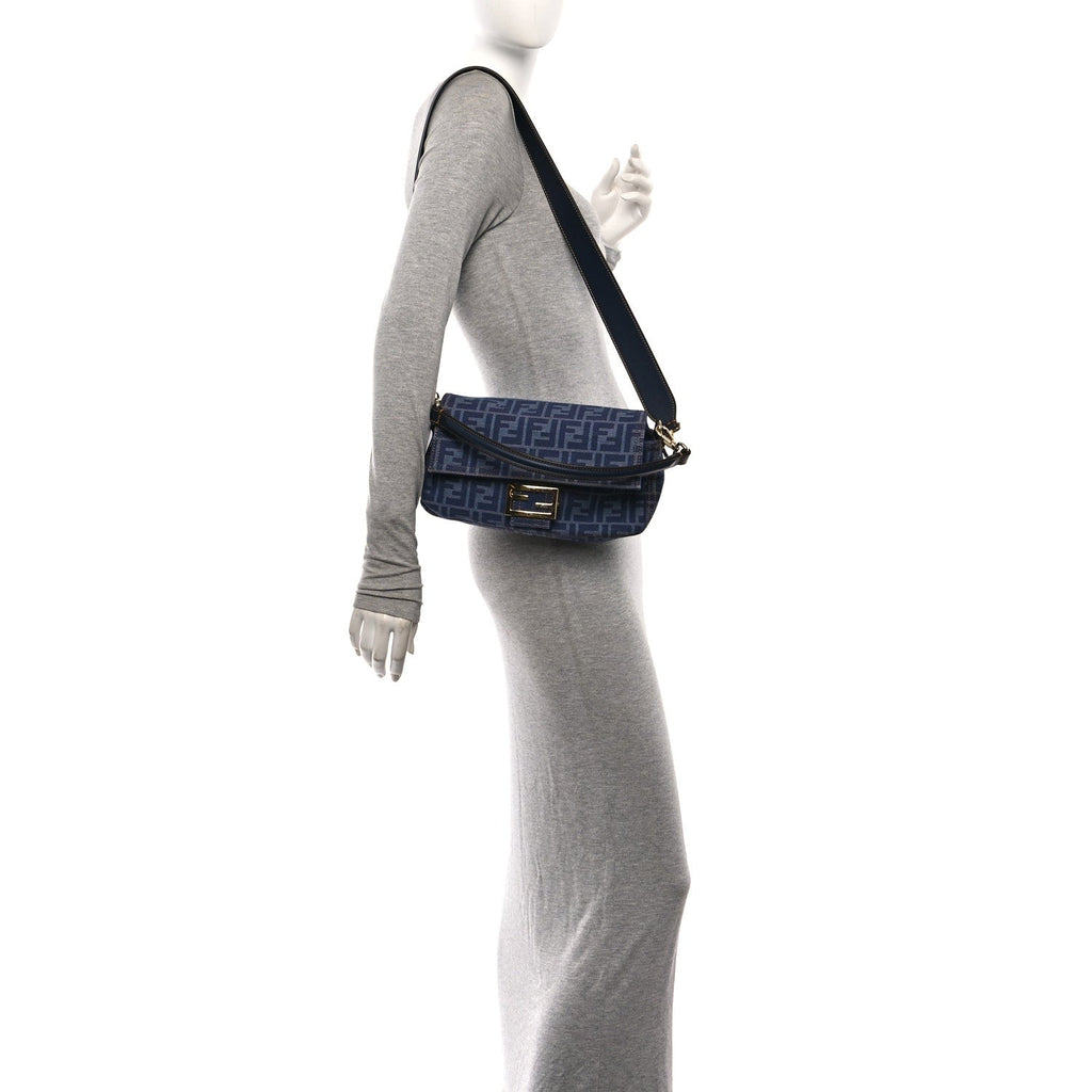 Denim FF Embroidered Reversible Baguette Blue