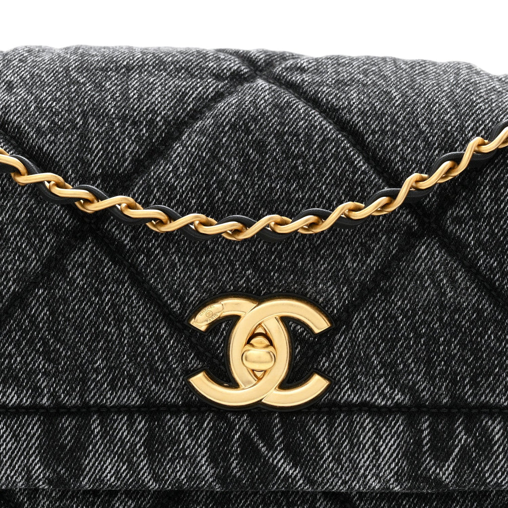 Washed Denim Quilted Large Flap Bag Black