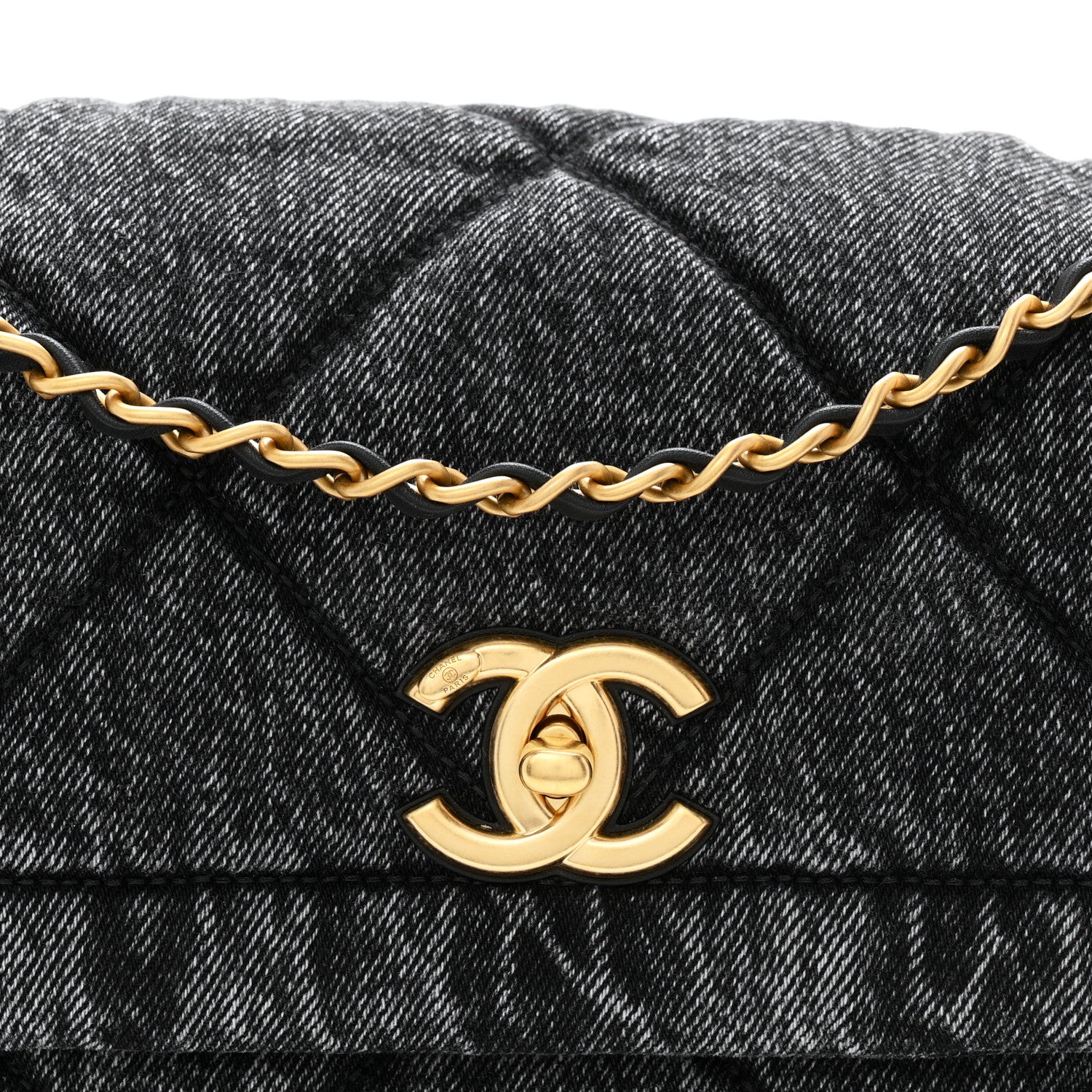 Washed Denim Quilted Large Flap Bag Black