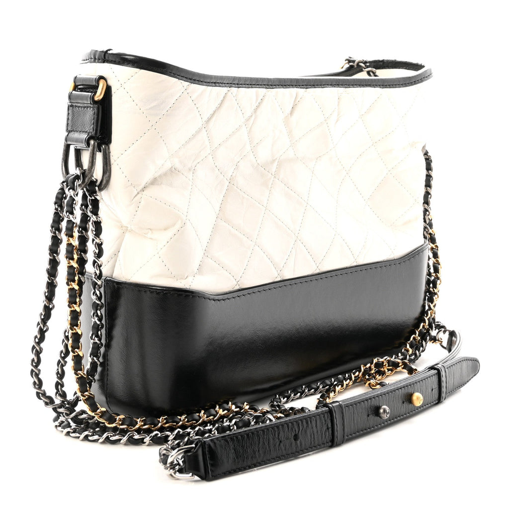 Aged Calfskin Quilted Medium Gabrielle Hobo Black White
