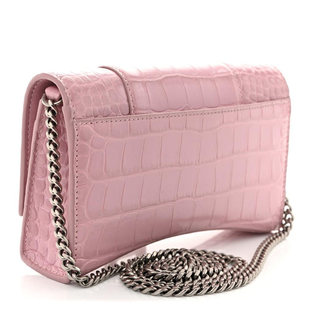 Shiny Calfskin Crocodile Embossed Hourglass Chain Bag Powder Pink