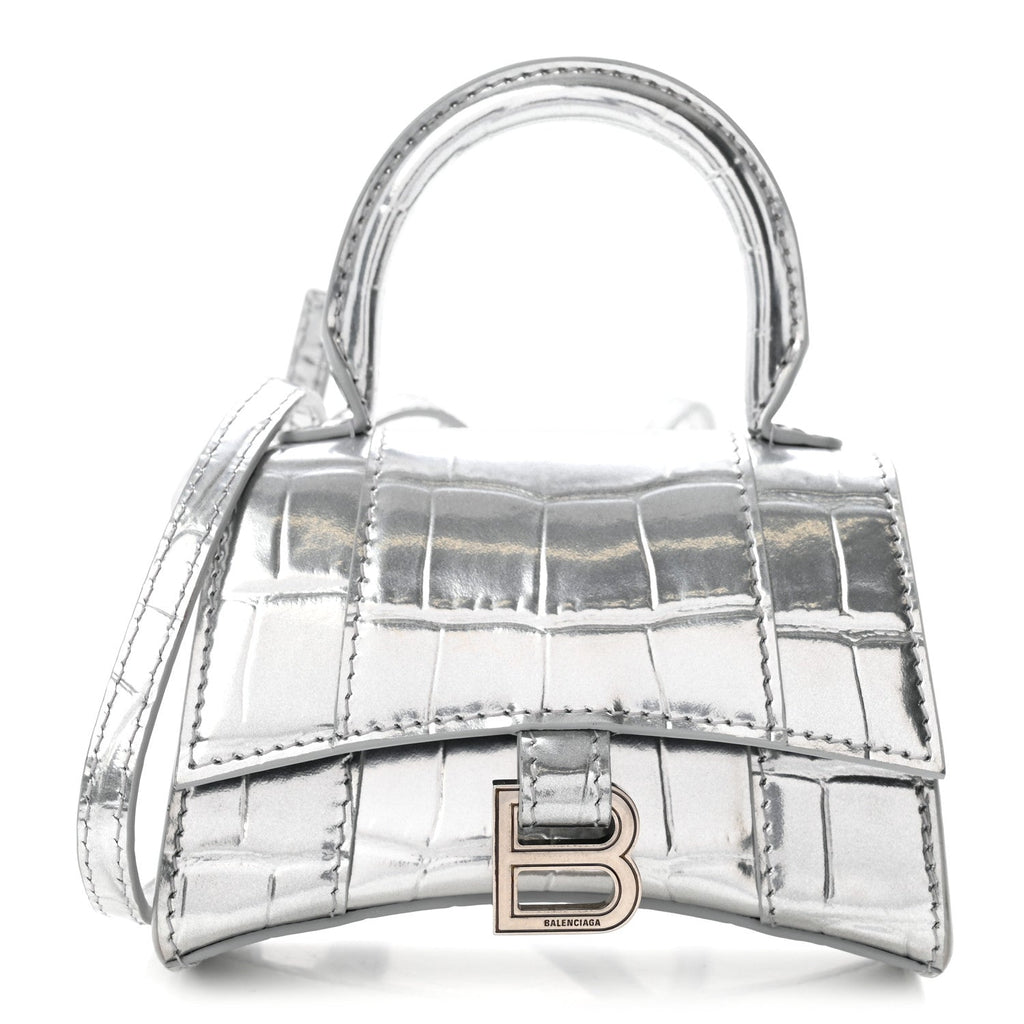 Metallic Calfskin Crocodile Embossed Hourglass Top Handle Bag Mini Silver