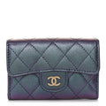 Iridescent Caviar Flap Quilted Card Holder Wallet Purple