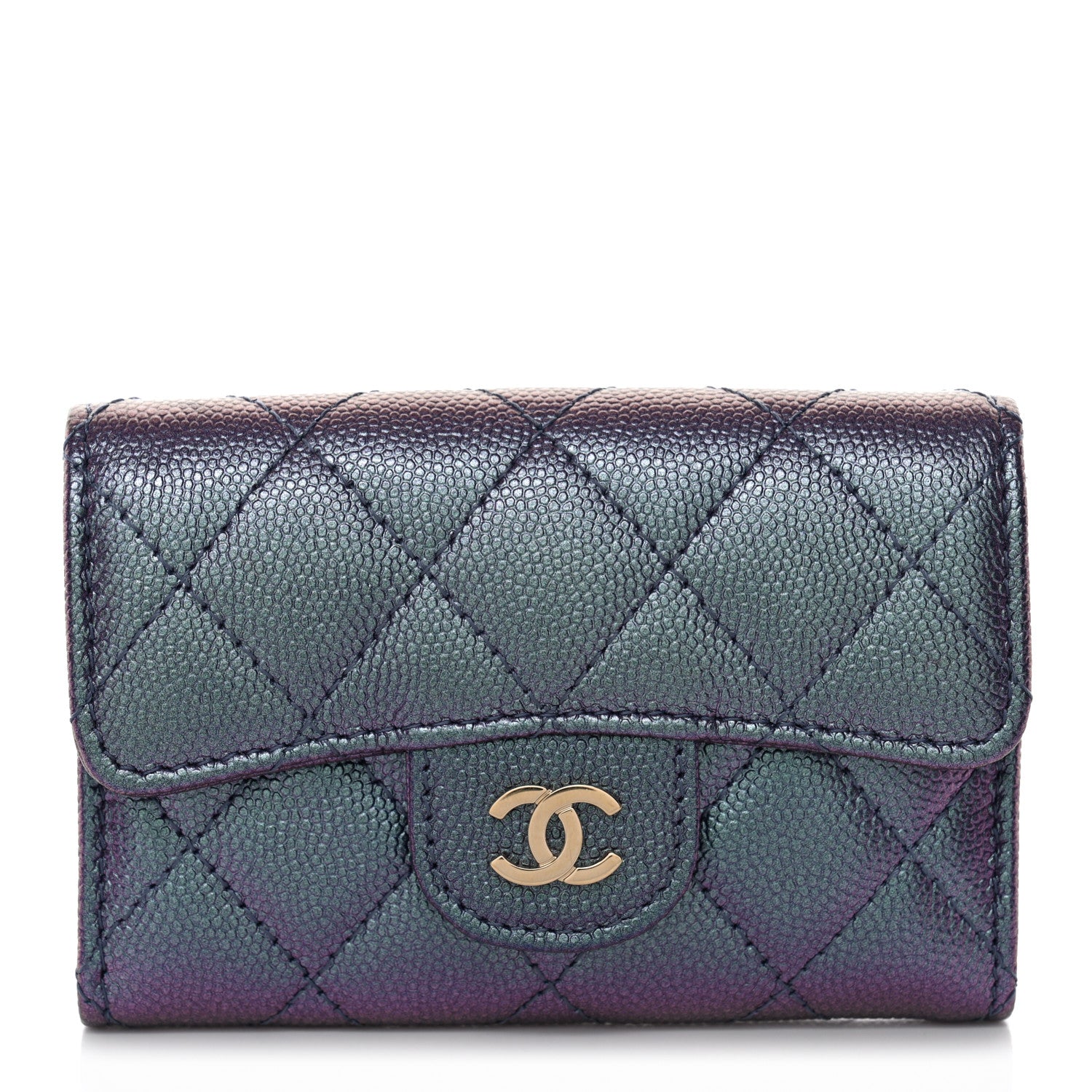 Iridescent Caviar Flap Quilted Card Holder Wallet Purple